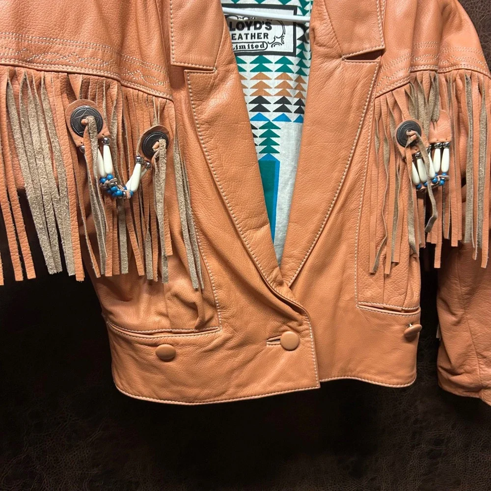 Lloyd's Leather Vintage Tassel Beaded Embroidered Lt Orange Short Jacket Small